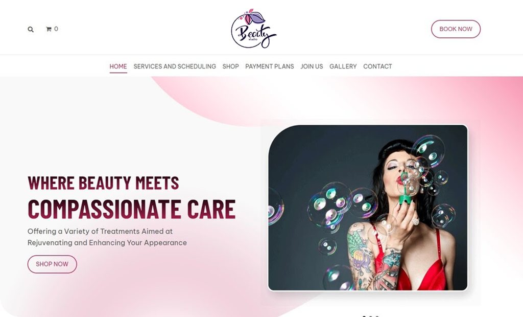Woman blowing bubbles, beauty website.