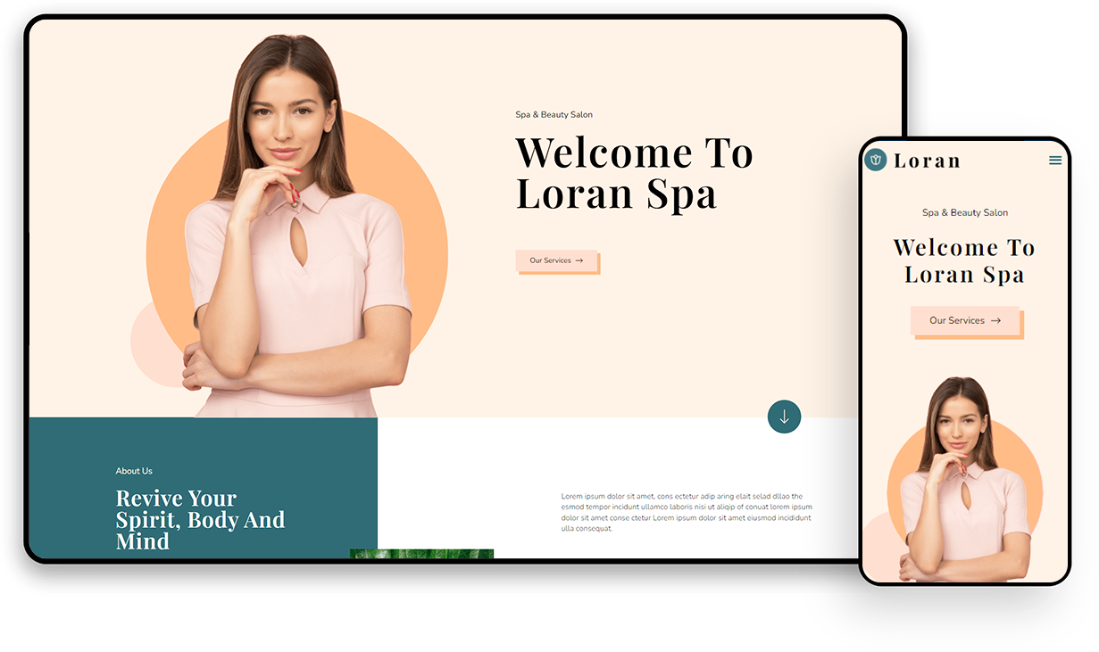 Loran Spa website with woman smiling.